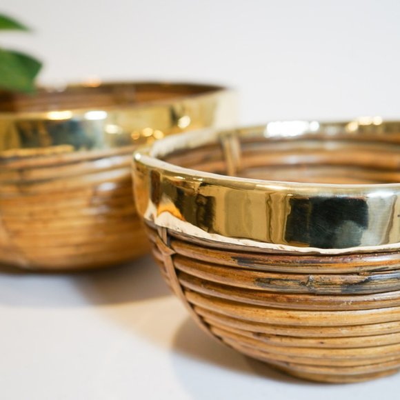 Pair of Rattan and Brass Italian Basket Bowls - in style of Gabriella Crespi - Picture 4 of 13